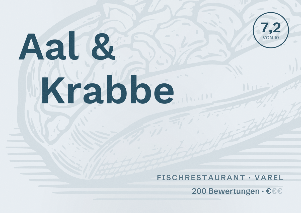 Illustriertes Poster von Aal & Krabbe, Fischrestaurant in Varel: Bewertung 7,2 von 10 aus 200 Bewertungen, Preisniveau €