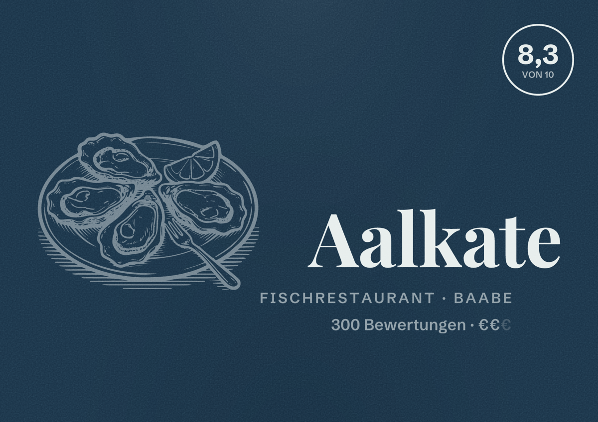 Illustriertes Poster von Aalkate, Fischrestaurant in Baabe: Bewertung 8,3 von 10 aus 300 Bewertungen, Preisniveau €€
