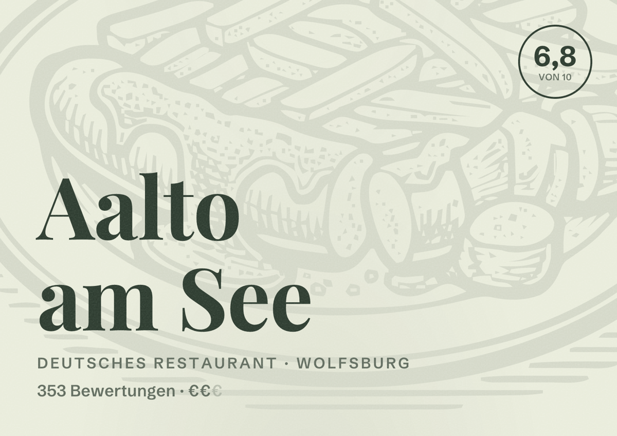 Illustriertes Poster von Aalto am See, Deutsches Restaurant in Wolfsburg: Bewertung 6,8 von 10 aus 353 Bewertungen, Preisniveau €€