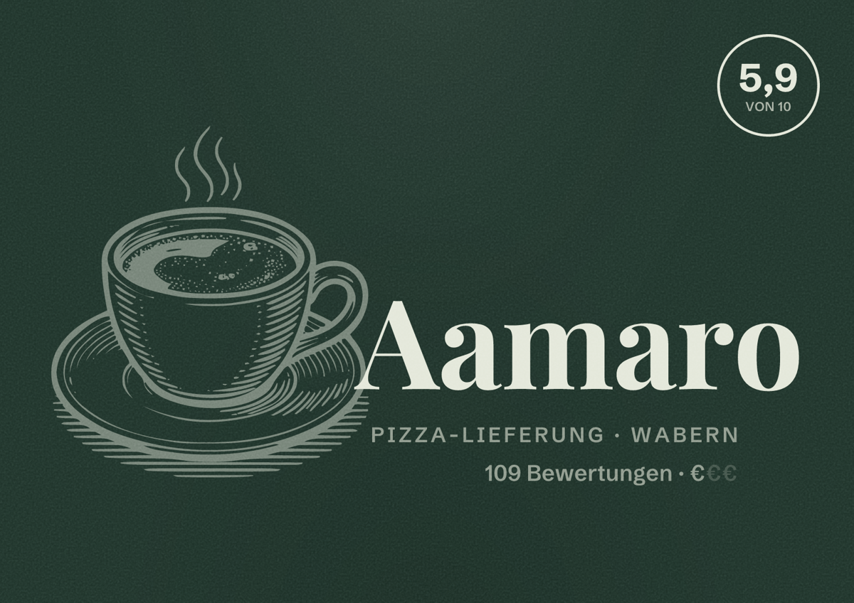 Illustriertes Poster von Aamaro, Pizza-Lieferung in Wabern: Bewertung 5,9 von 10 aus 109 Bewertungen, Preisniveau €