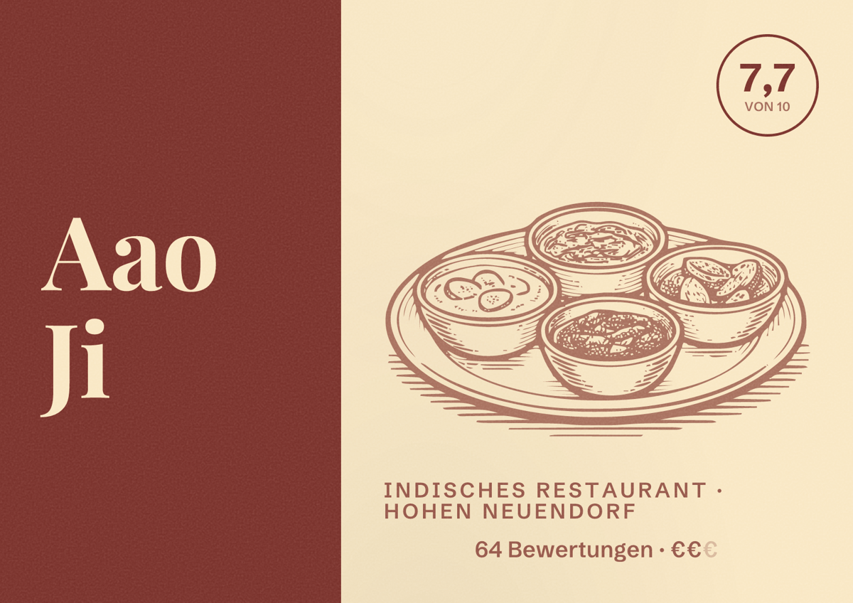 Illustriertes Poster von Aao Ji, Indisches Restaurant in Hohen Neuendorf: Bewertung 7,7 von 10 aus 64 Bewertungen, Preisniveau €€