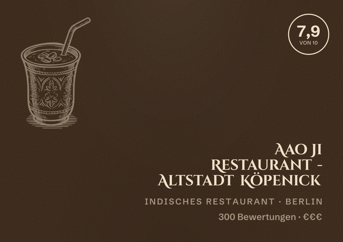 Illustriertes Poster von Aao Ji Restaurant - Altstadt Köpenick, Indisches Restaurant in Berlin: Bewertung 7,9 von 10 aus 300 Bewertungen, Preisniveau €€€
