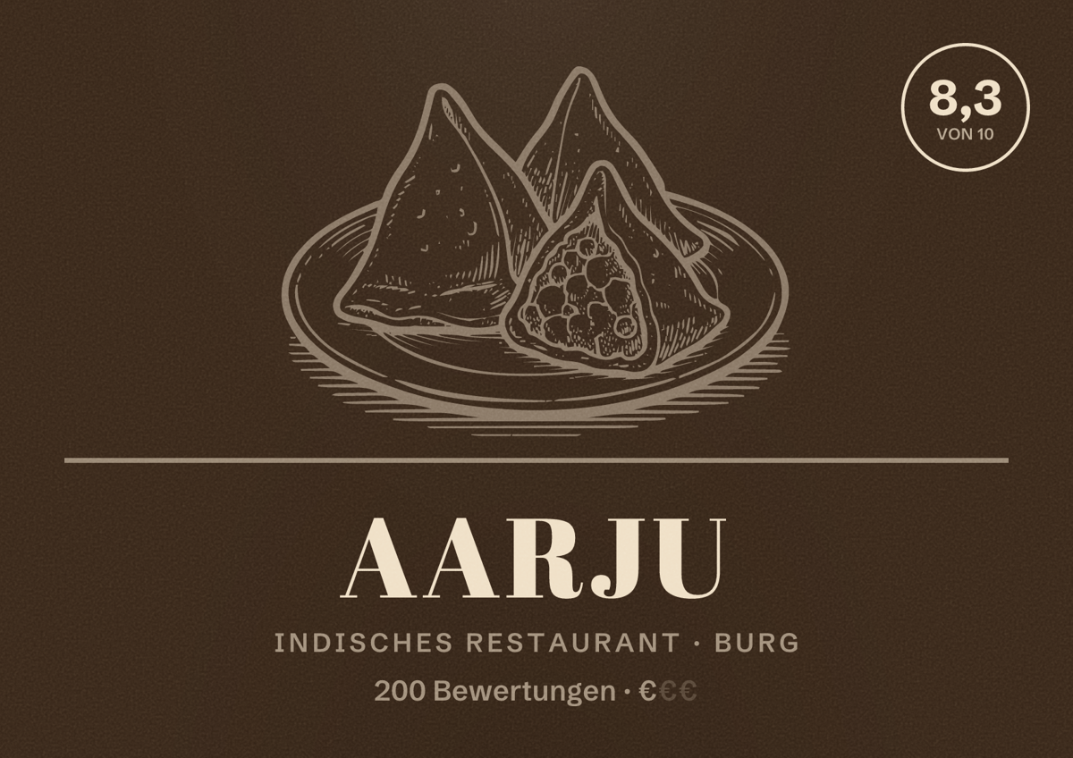 Illustriertes Poster von Aarju, Indisches Restaurant in Burg: Bewertung 8,3 von 10 aus 200 Bewertungen, Preisniveau €