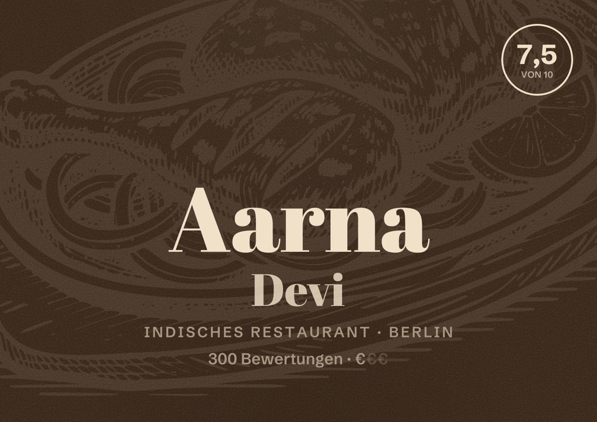 Illustriertes Poster von Aarna Devi, Indisches Restaurant in Berlin: Bewertung 7,5 von 10 aus 300 Bewertungen, Preisniveau €