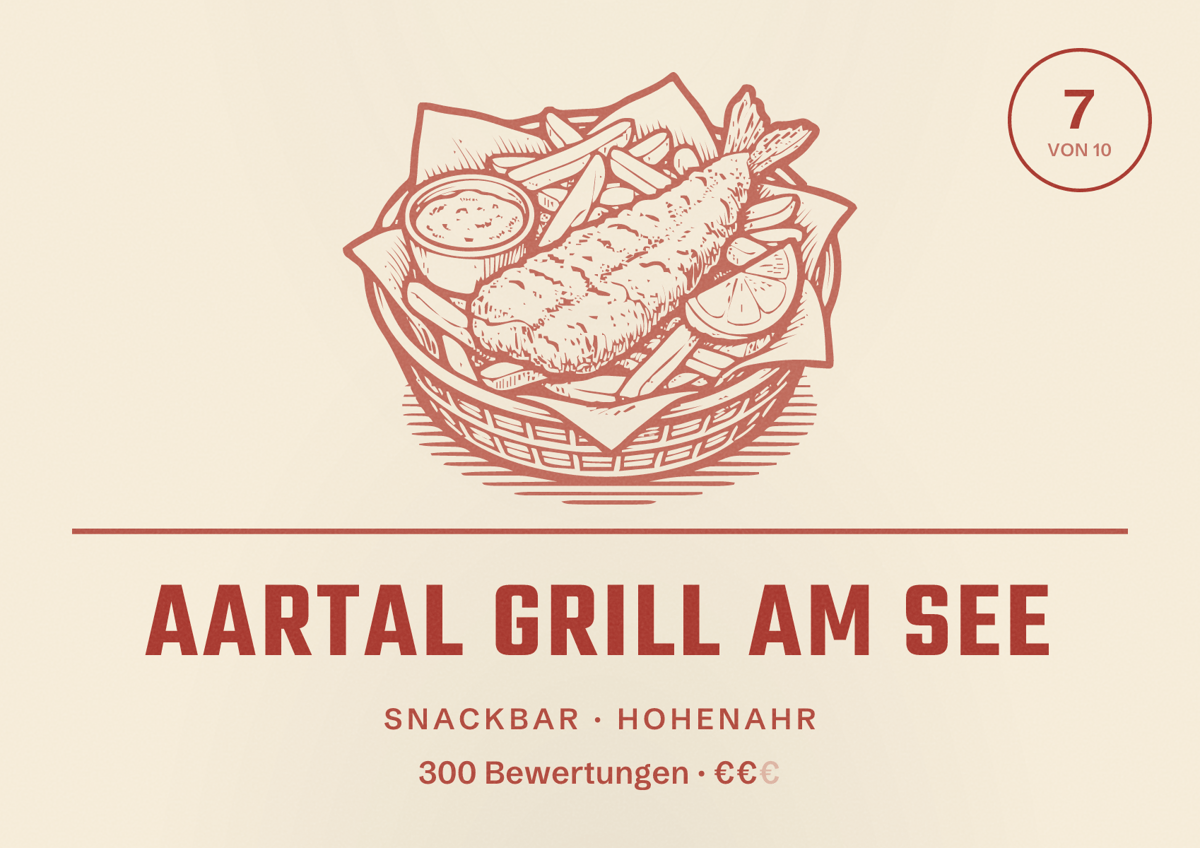 Illustriertes Poster von Aartal Grill am See, Snackbar in Hohenahr: Bewertung 7 von 10 aus 300 Bewertungen, Preisniveau €€
