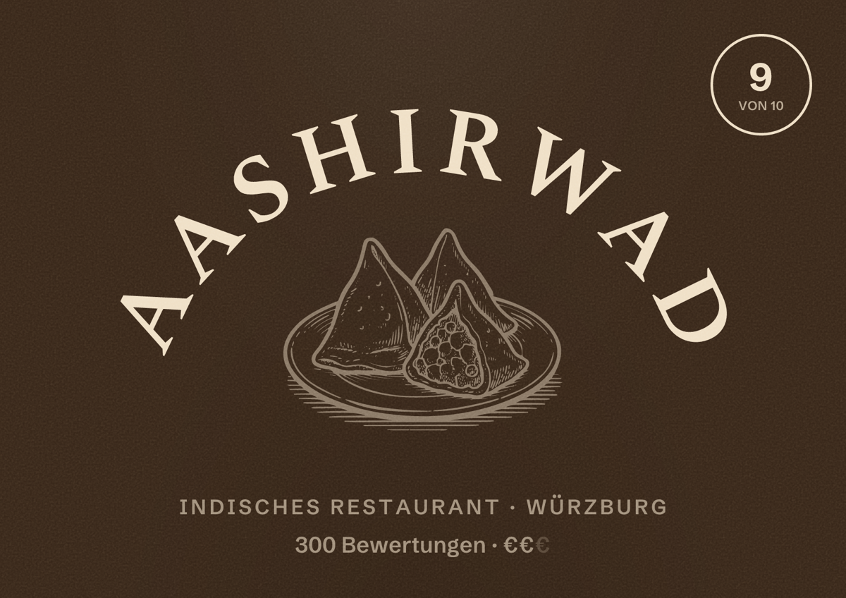 Illustriertes Poster von Aashirwad, Indisches Restaurant in Würzburg: Bewertung 9 von 10 aus 300 Bewertungen, Preisniveau €€