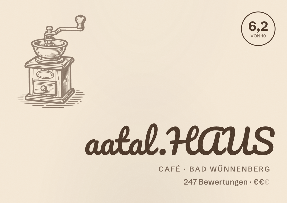 Illustriertes Poster von aatal.HAUS, Café in Bad Wünnenberg: Bewertung 6,2 von 10 aus 247 Bewertungen, Preisniveau €€