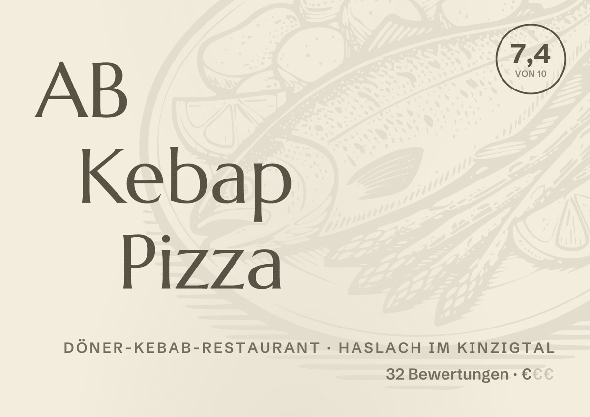 Illustriertes Poster von AB Kebap Pizza, Döner-Kebab-Restaurant in Haslach im Kinzigtal: Bewertung 7,4 von 10 aus 32 Bewertungen, Preisniveau €