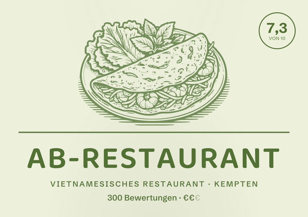 Illustriertes Poster von AB-Restaurant, Vietnamesisches Restaurant in Kempten: Bewertung 7,3 von 10 aus 300 Bewertungen, Preisniveau €€