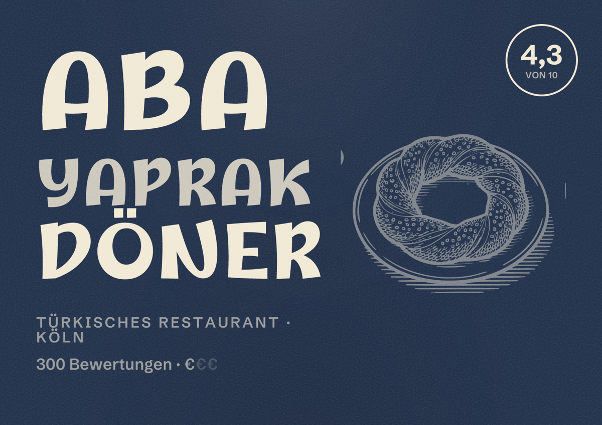 Illustriertes Poster von ABA Yaprak Döner, Türkisches Restaurant in Köln: Bewertung 4,3 von 10 aus 300 Bewertungen, Preisniveau €