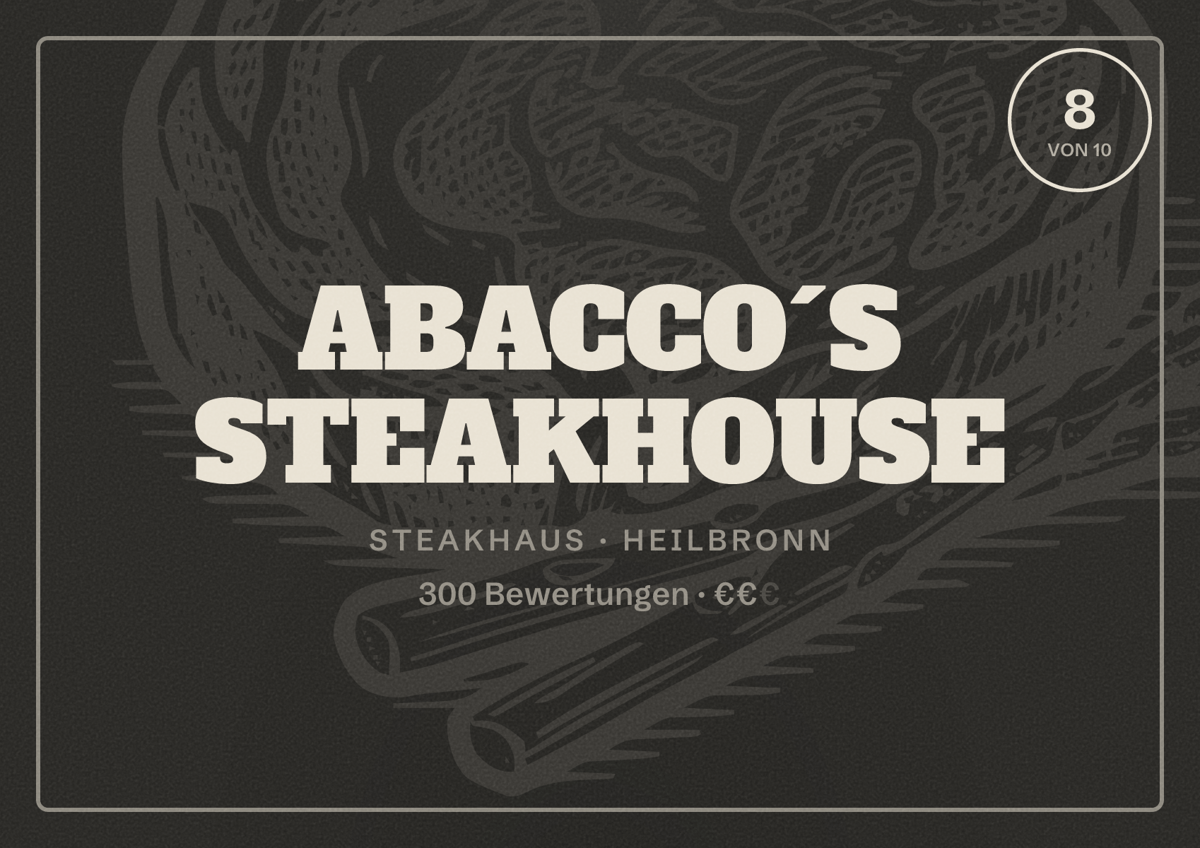 Illustriertes Poster von ABACCO´S STEAKHOUSE, Steakhaus in Heilbronn: Bewertung 8 von 10 aus 300 Bewertungen, Preisniveau €€