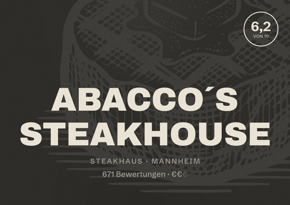 Illustriertes Poster von ABACCO´S STEAKHOUSE, Steakhaus in Mannheim: Bewertung 6,2 von 10 aus 671 Bewertungen, Preisniveau €€