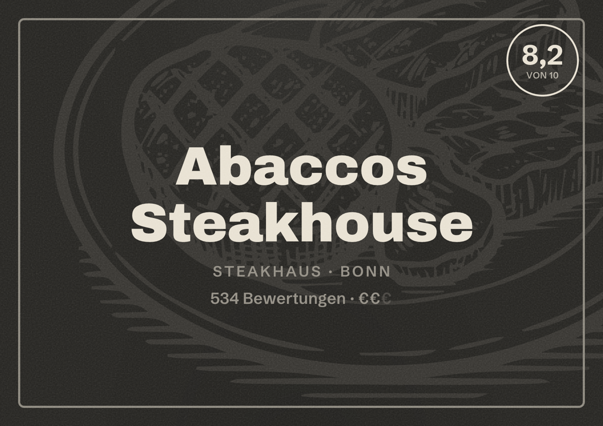 Illustriertes Poster von Abaccos Steakhouse, Steakhaus in Bonn: Bewertung 8,2 von 10 aus 534 Bewertungen, Preisniveau €€