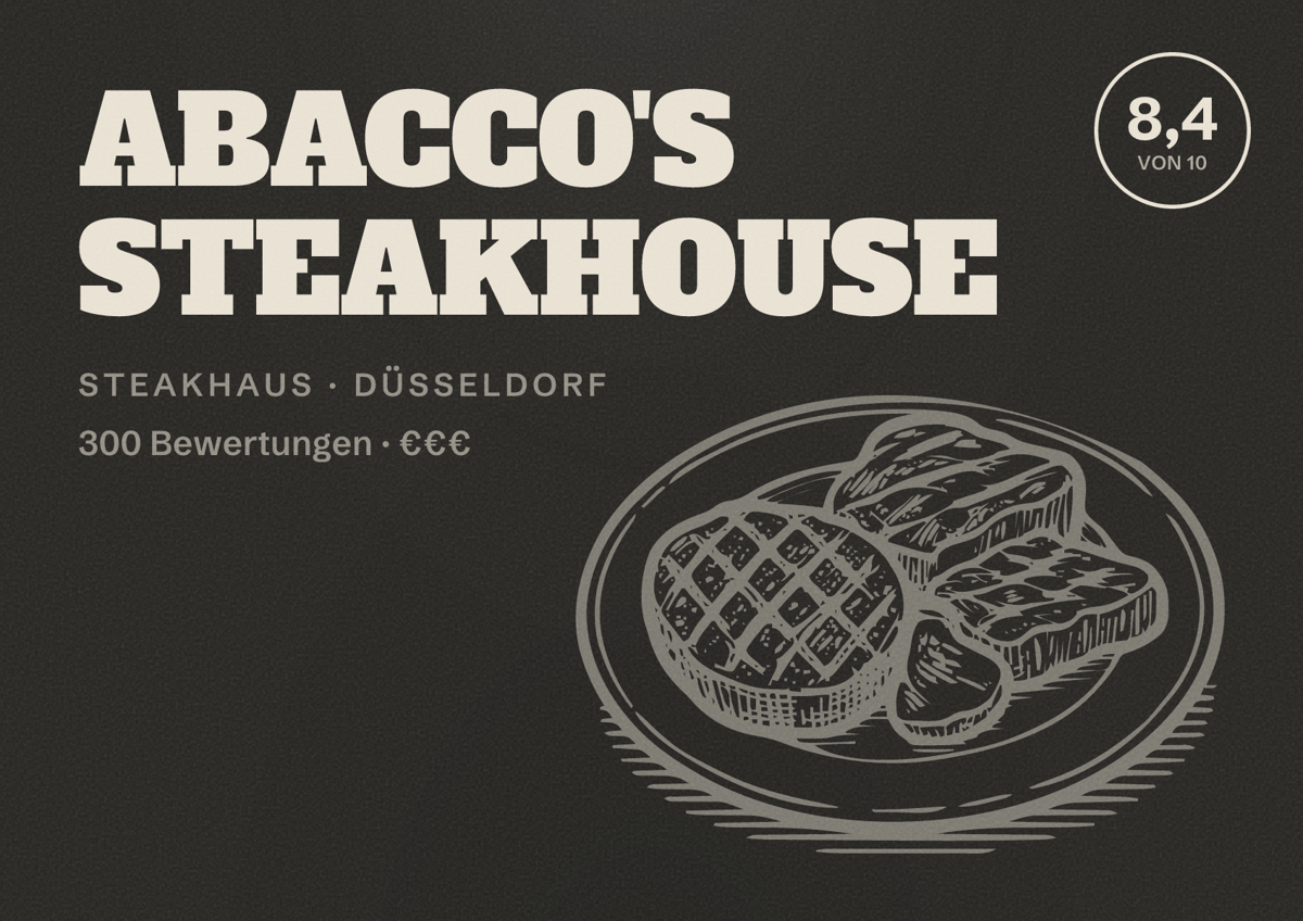 Illustriertes Poster von ABACCO'S STEAKHOUSE, Steakhaus in Düsseldorf: Bewertung 8,4 von 10 aus 300 Bewertungen, Preisniveau €€€