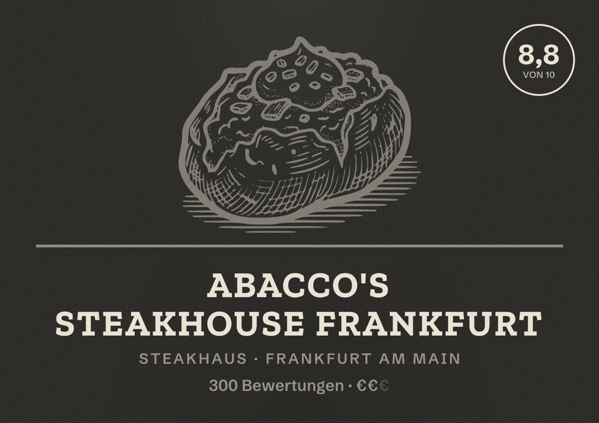 Illustriertes Poster von ABACCO'S STEAKHOUSE Frankfurt, Steakhaus in Frankfurt am Main: Bewertung 8,8 von 10 aus 300 Bewertungen, Preisniveau €€