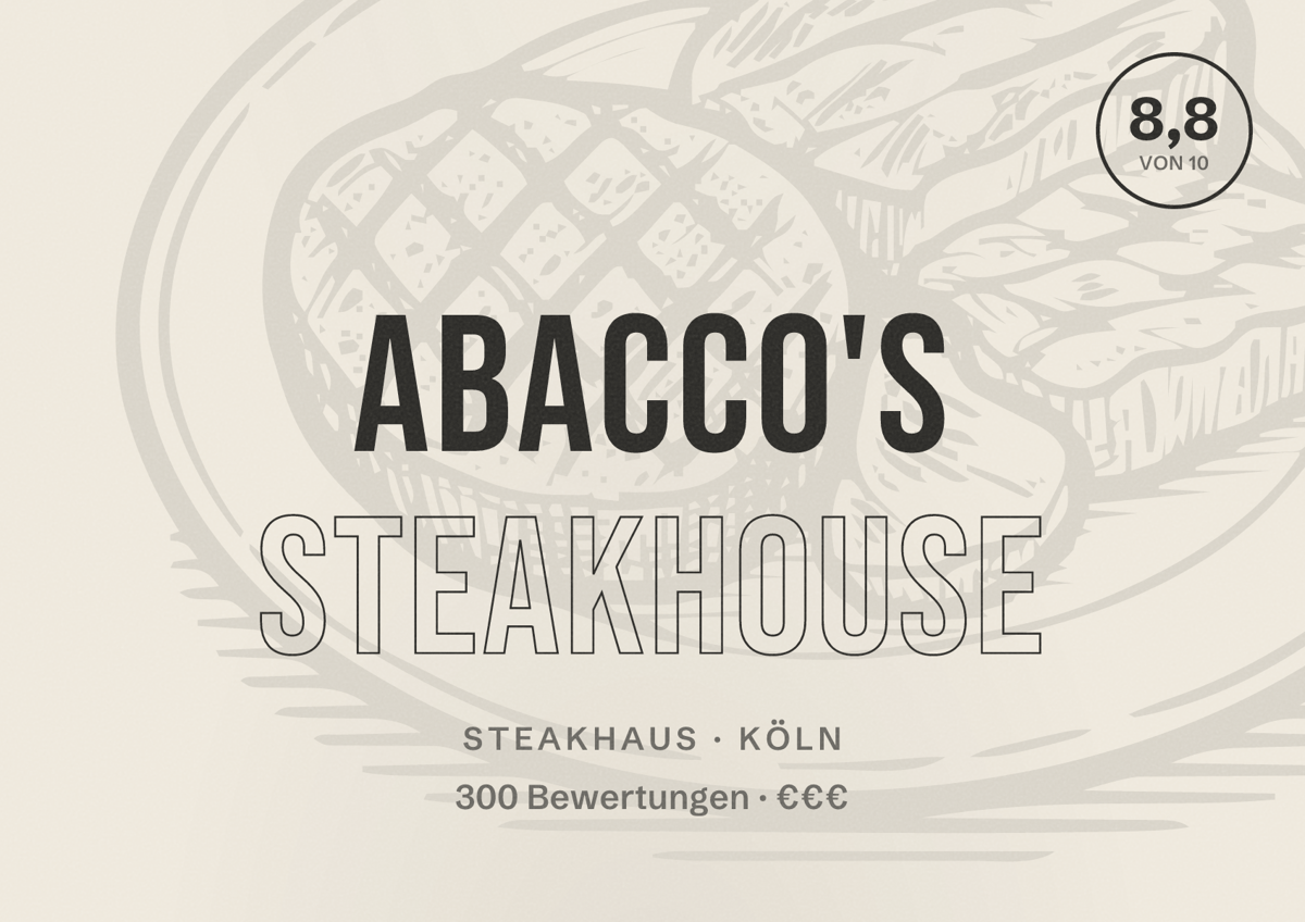 Illustriertes Poster von ABACCO'S STEAKHOUSE, Steakhaus in Köln: Bewertung 8,8 von 10 aus 300 Bewertungen, Preisniveau €€€