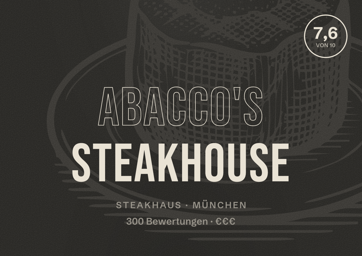 Illustriertes Poster von ABACCO'S STEAKHOUSE, Steakhaus in München: Bewertung 7,6 von 10 aus 300 Bewertungen, Preisniveau €€€