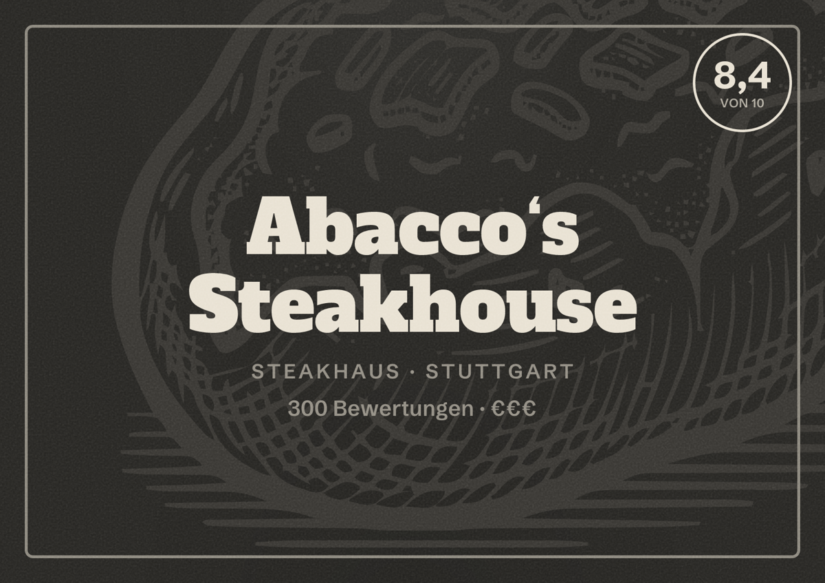 Illustriertes Poster von Abacco‘s Steakhouse, Steakhaus in Stuttgart: Bewertung 8,4 von 10 aus 300 Bewertungen, Preisniveau €€€