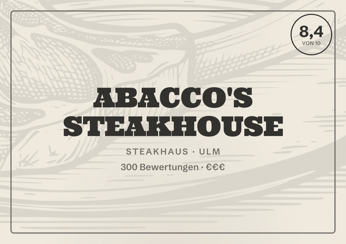 Illustriertes Poster von ABACCO'S STEAKHOUSE, Steakhaus in Ulm: Bewertung 8,4 von 10 aus 300 Bewertungen, Preisniveau €€€