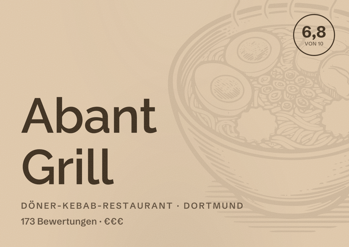 Illustriertes Poster von Abant Grill, Döner-Kebab-Restaurant in Dortmund: Bewertung 6,8 von 10 aus 173 Bewertungen, Preisniveau €€€
