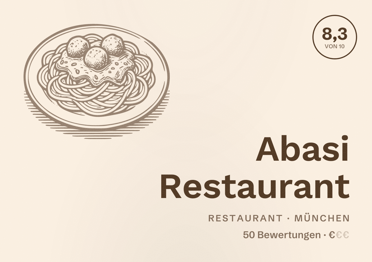 Illustriertes Poster von Abasi Restaurant, Restaurant in München: Bewertung 8,3 von 10 aus 50 Bewertungen, Preisniveau €