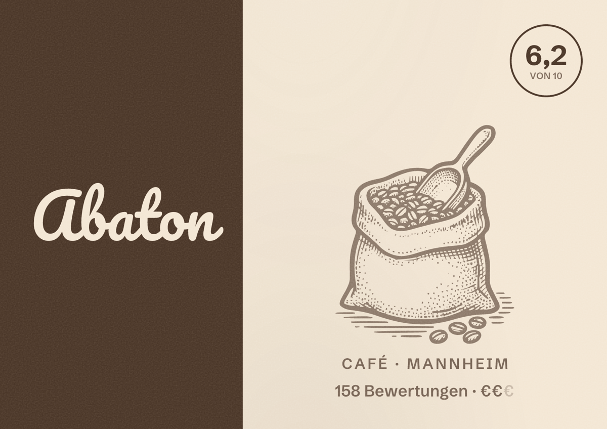 Illustriertes Poster von Abaton, Café in Mannheim: Bewertung 6,2 von 10 aus 158 Bewertungen, Preisniveau €€