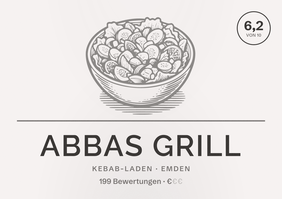 Illustriertes Poster von Abbas Grill, Kebab-Laden in Emden: Bewertung 6,2 von 10 aus 199 Bewertungen, Preisniveau €