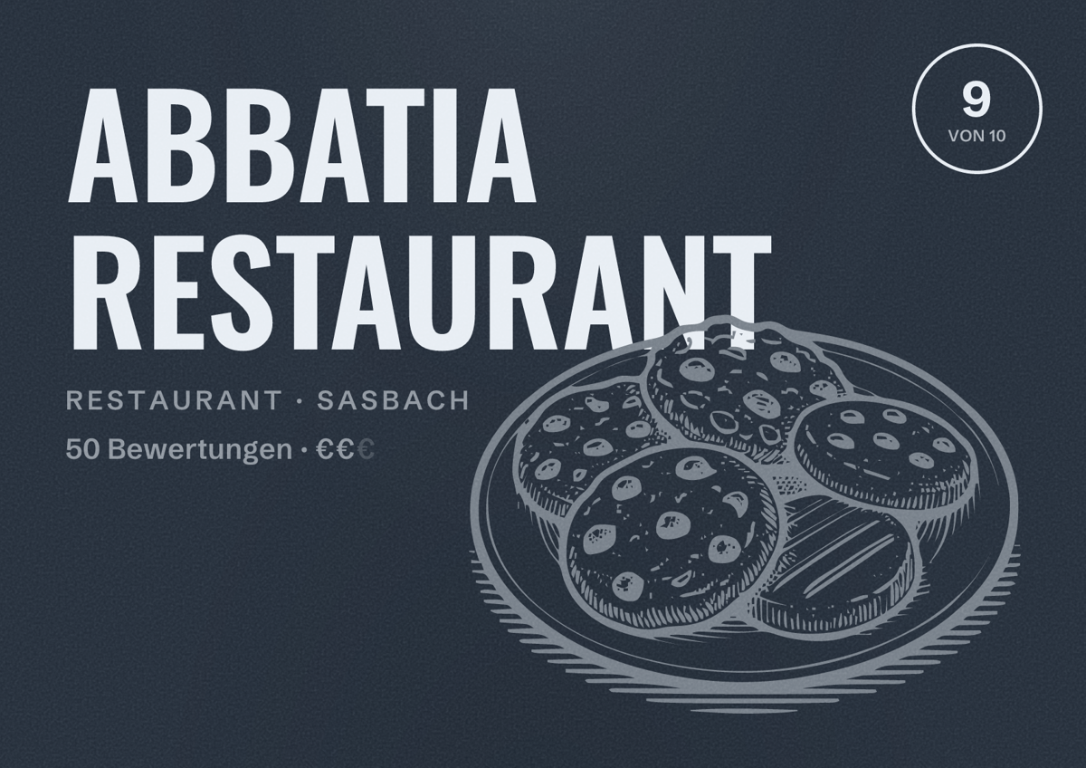Illustriertes Poster von ABBATIA RESTAURANT, Restaurant in Sasbach: Bewertung 9 von 10 aus 50 Bewertungen, Preisniveau €€