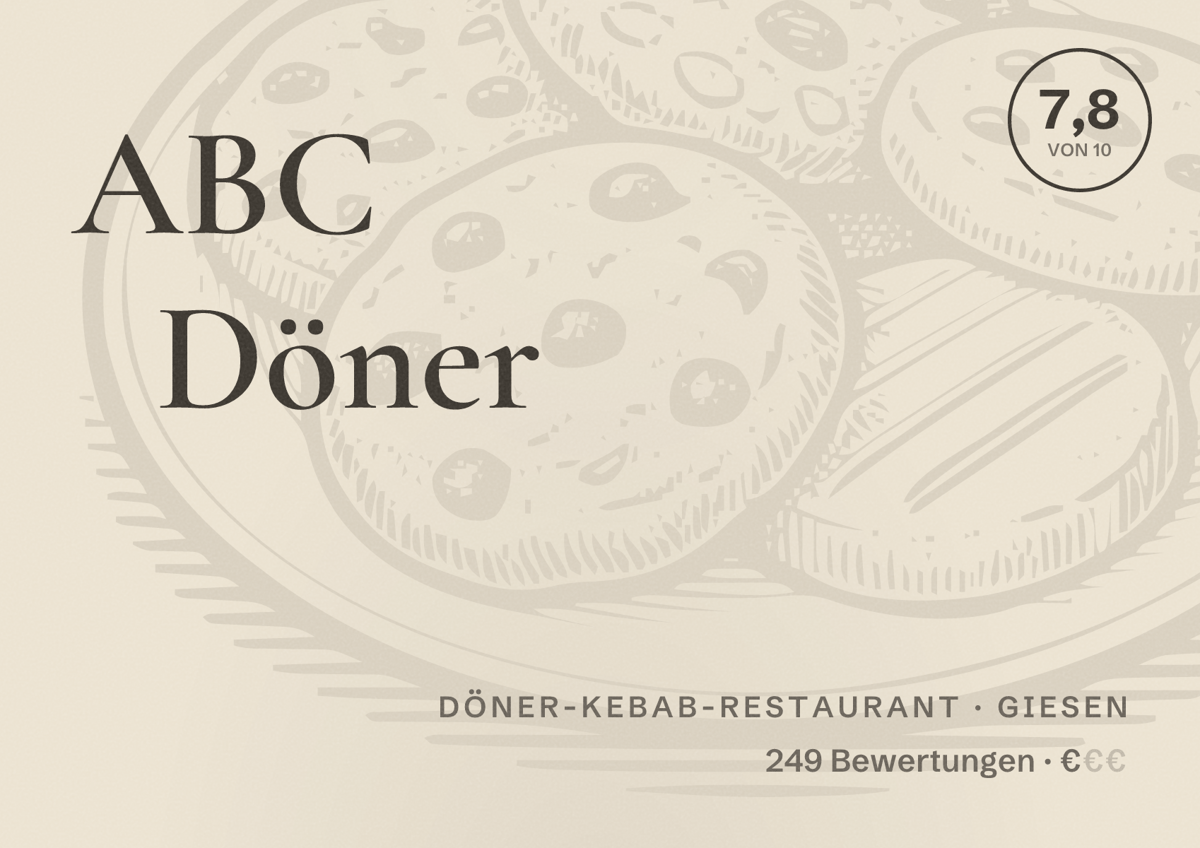 Illustriertes Poster von ABC Döner, Döner-Kebab-Restaurant in Giesen: Bewertung 7,8 von 10 aus 249 Bewertungen, Preisniveau €