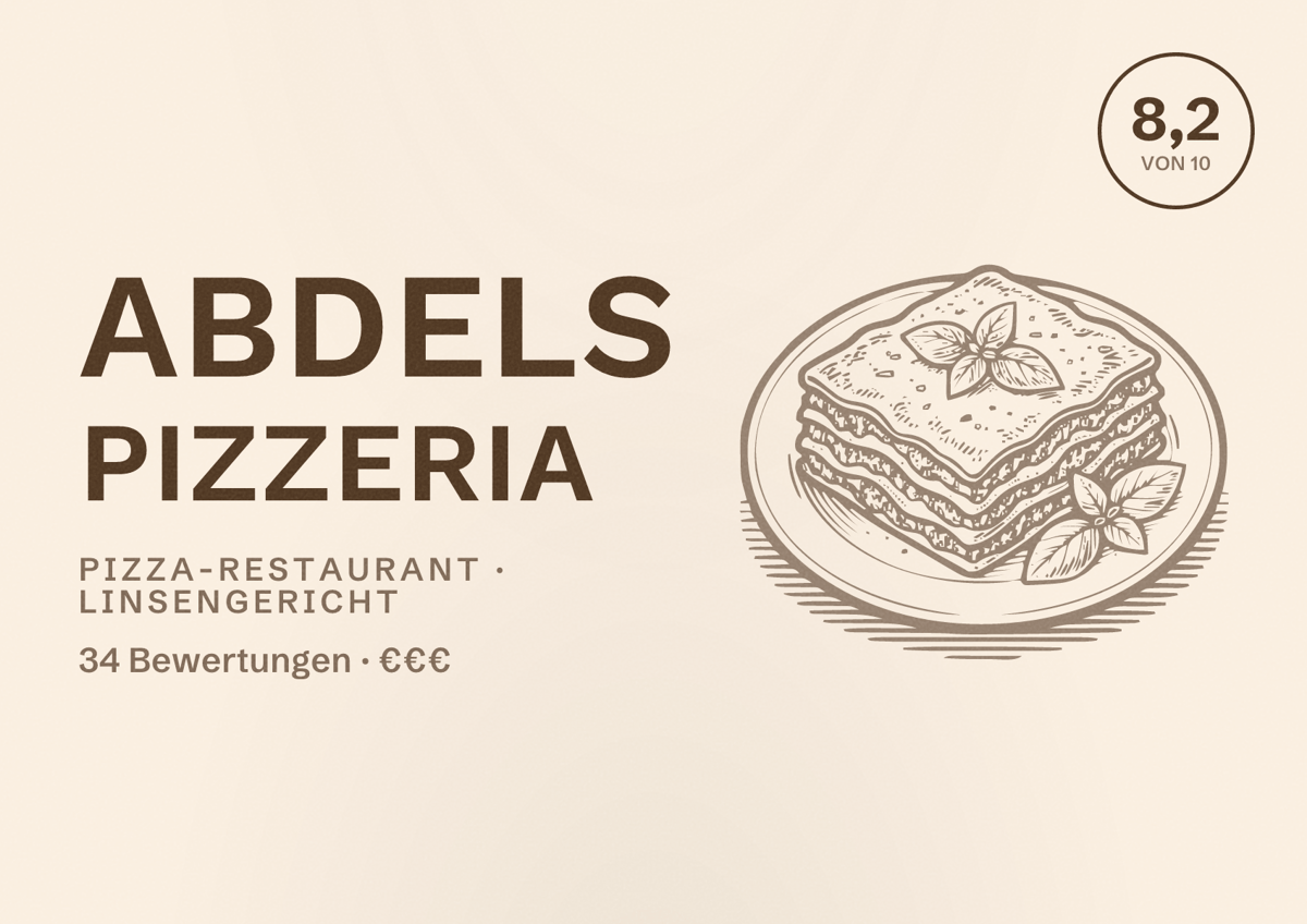 Illustriertes Poster von Abdels Pizzeria, Pizza-Restaurant in Linsengericht: Bewertung 8,2 von 10 aus 34 Bewertungen, Preisniveau €€€