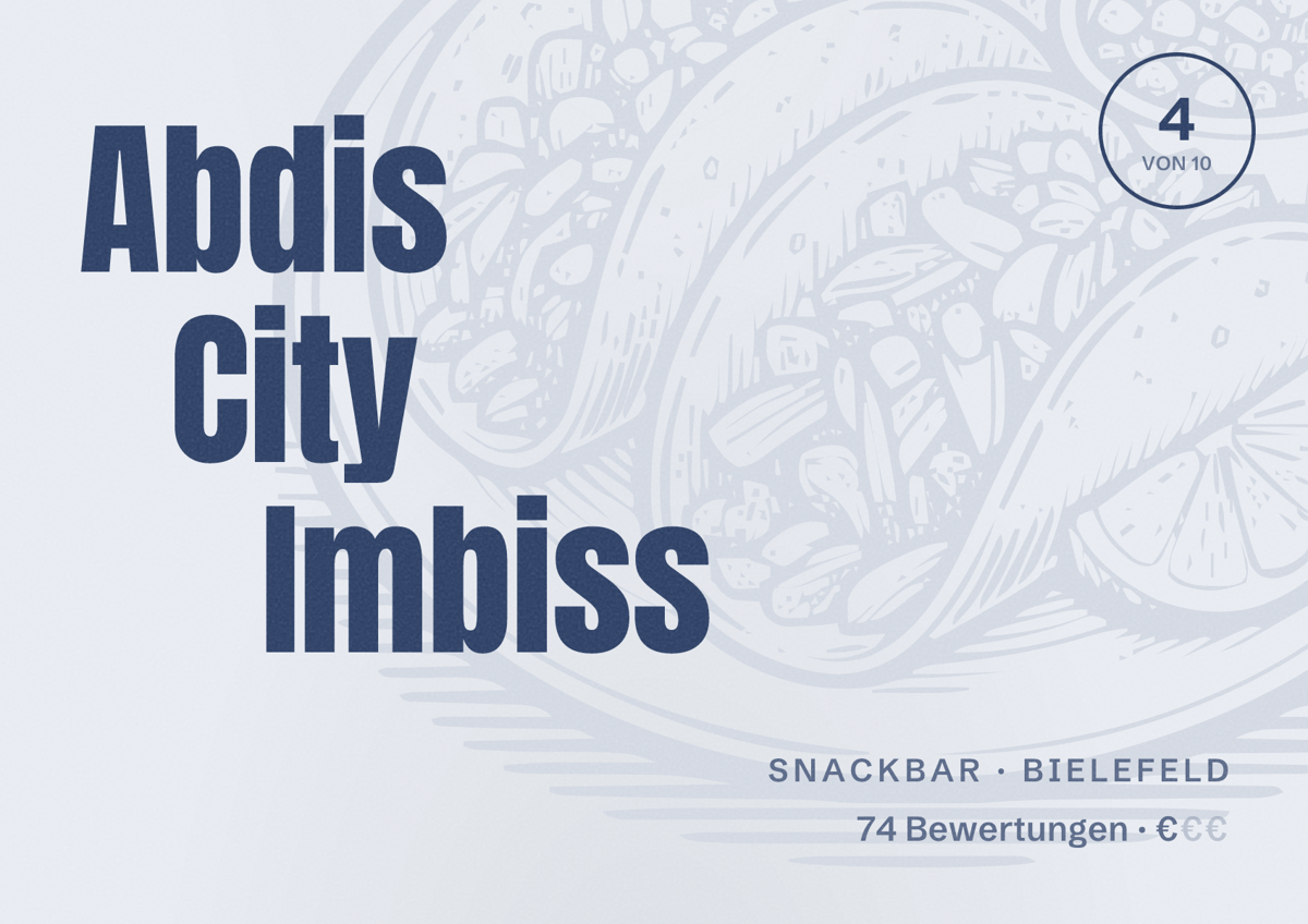 Illustriertes Poster von Abdis City Imbiss, Snackbar in Bielefeld: Bewertung 4 von 10 aus 74 Bewertungen, Preisniveau €