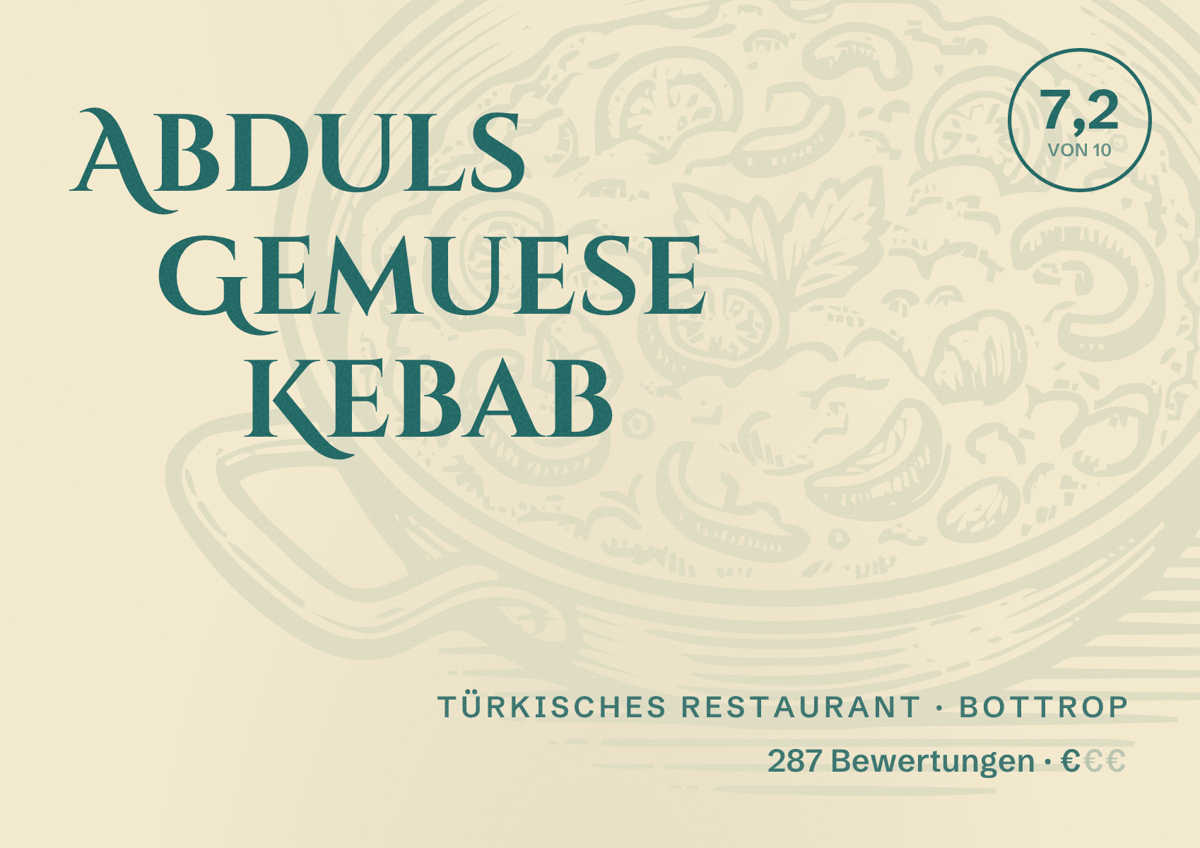 Illustriertes Poster von Abduls Gemuese Kebab, Türkisches Restaurant in Bottrop: Bewertung 7,2 von 10 aus 287 Bewertungen, Preisniveau €