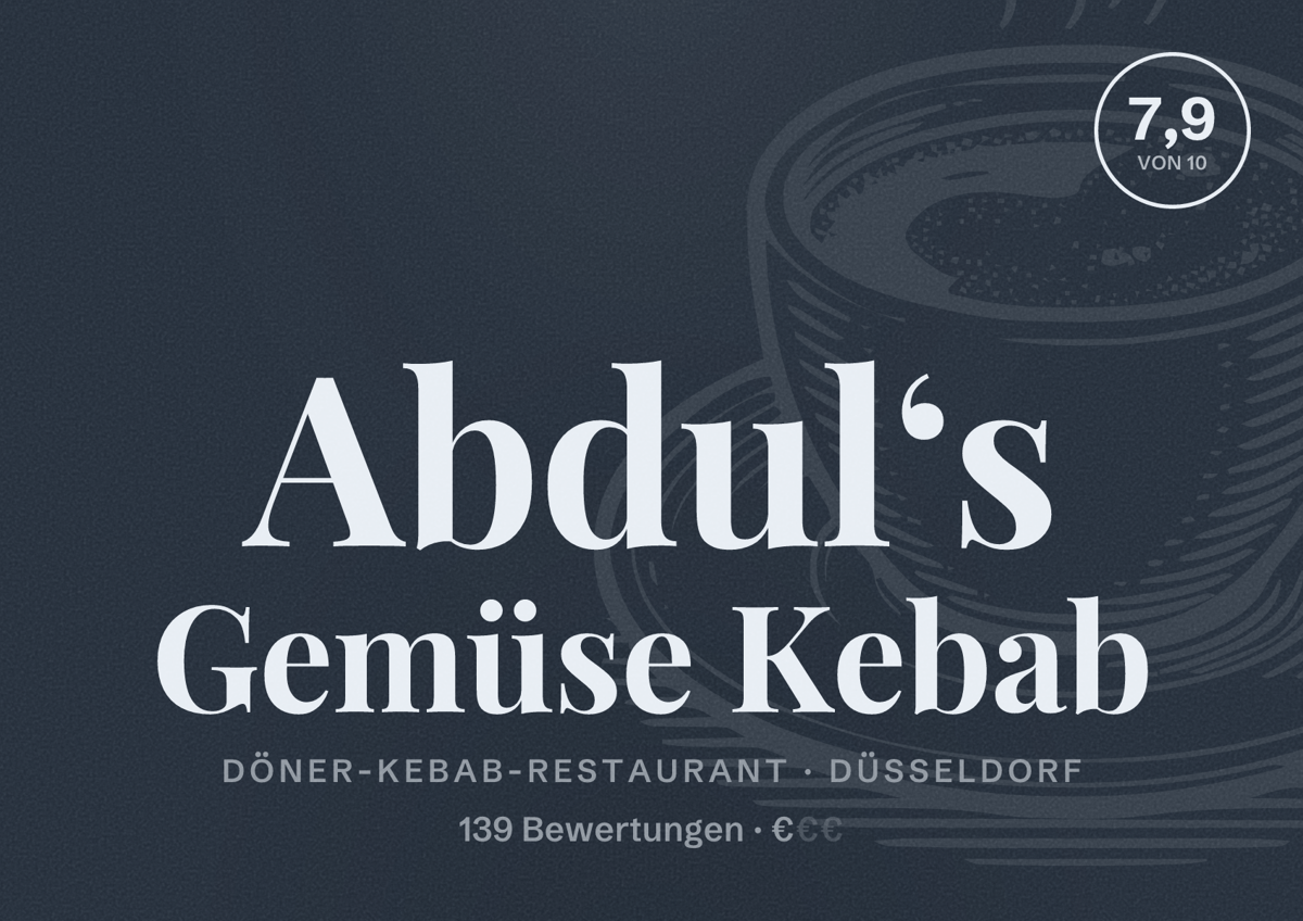 Illustriertes Poster von Abdul‘s Gemüse Kebab, Döner-Kebab-Restaurant in Düsseldorf: Bewertung 7,9 von 10 aus 139 Bewertungen, Preisniveau €