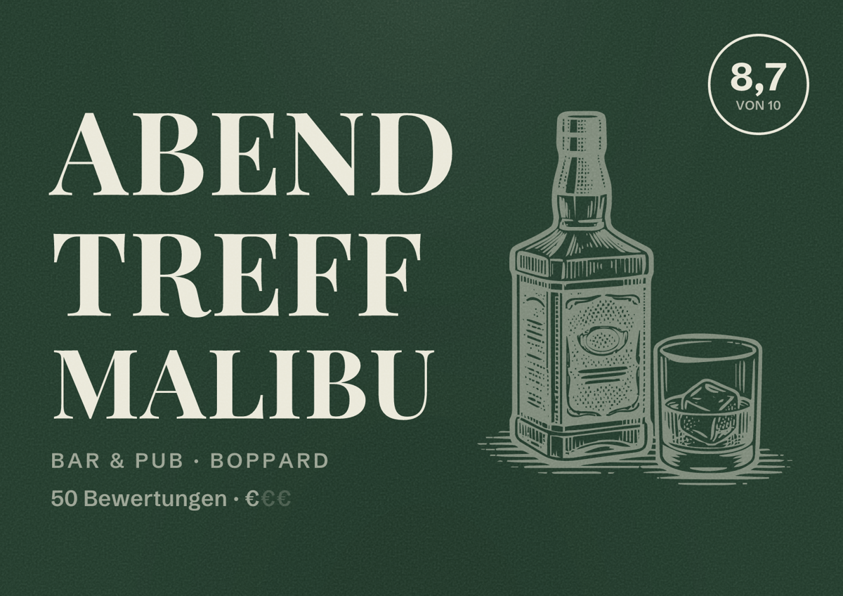Illustriertes Poster von Abend Treff Malibu, Bar & Pub in Boppard: Bewertung 8,7 von 10 aus 50 Bewertungen, Preisniveau €