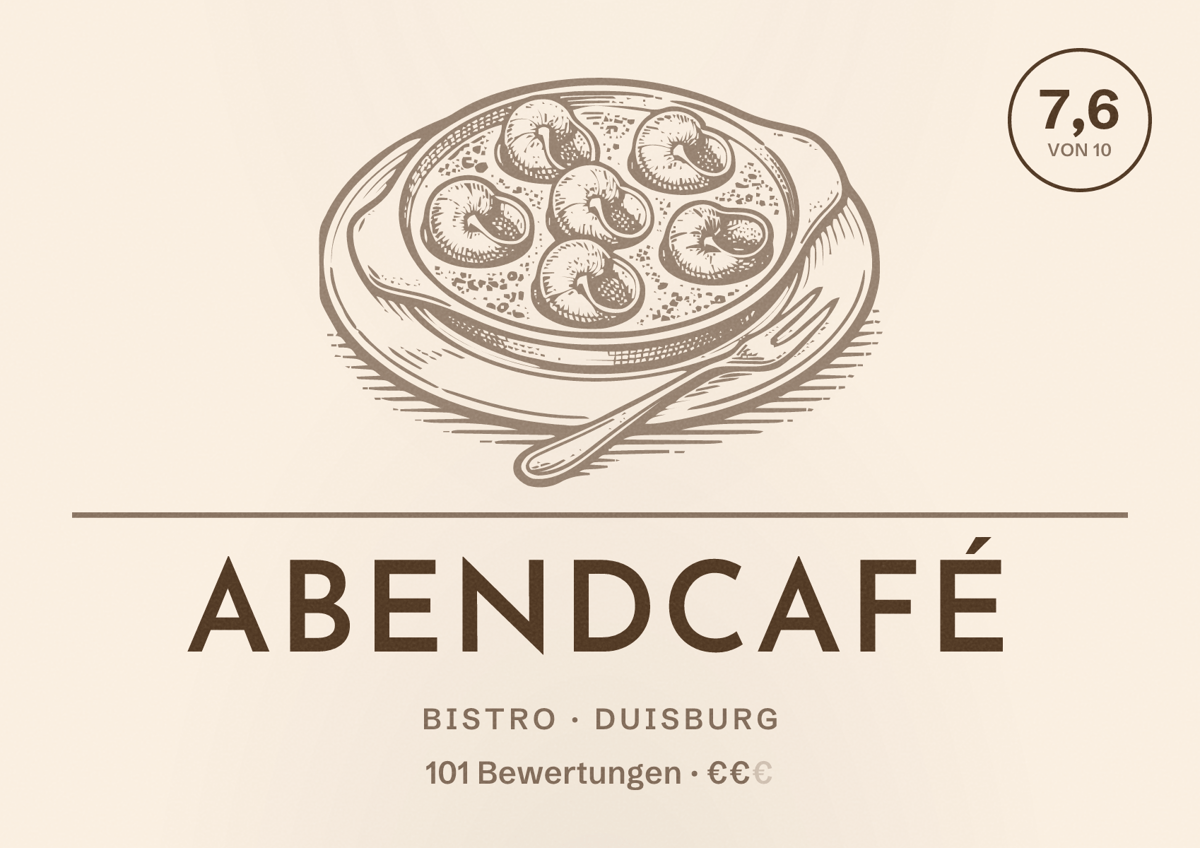 Illustriertes Poster von Abendcafé, Bistro in Duisburg: Bewertung 7,6 von 10 aus 101 Bewertungen, Preisniveau €€
