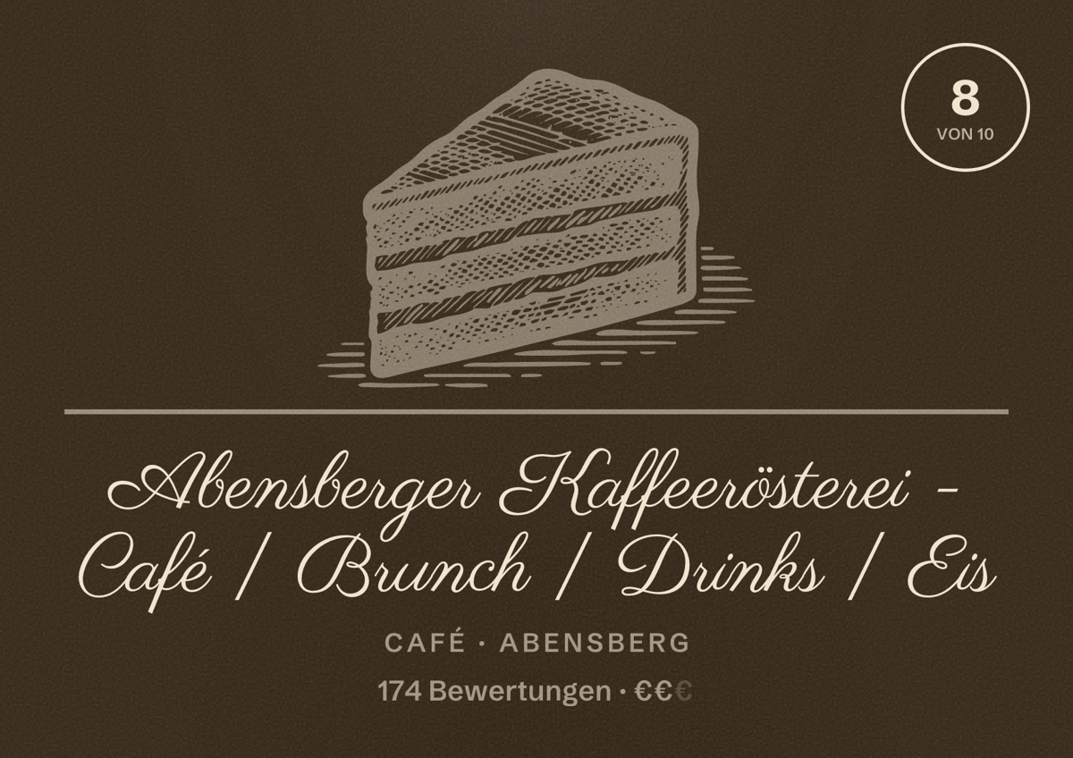 Illustriertes Poster von Abensberger Kaffeerösterei - Café | Brunch | Drinks | Eis, Café in Abensberg: Bewertung 8 von 10 aus 174 Bewertungen, Preisniveau €€