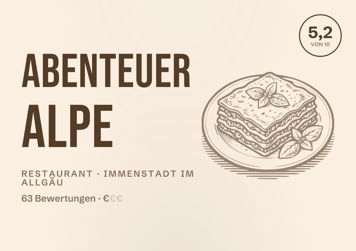 Illustriertes Poster von Abenteuer Alpe, Restaurant in Immenstadt im Allgäu: Bewertung 5,2 von 10 aus 63 Bewertungen, Preisniveau €