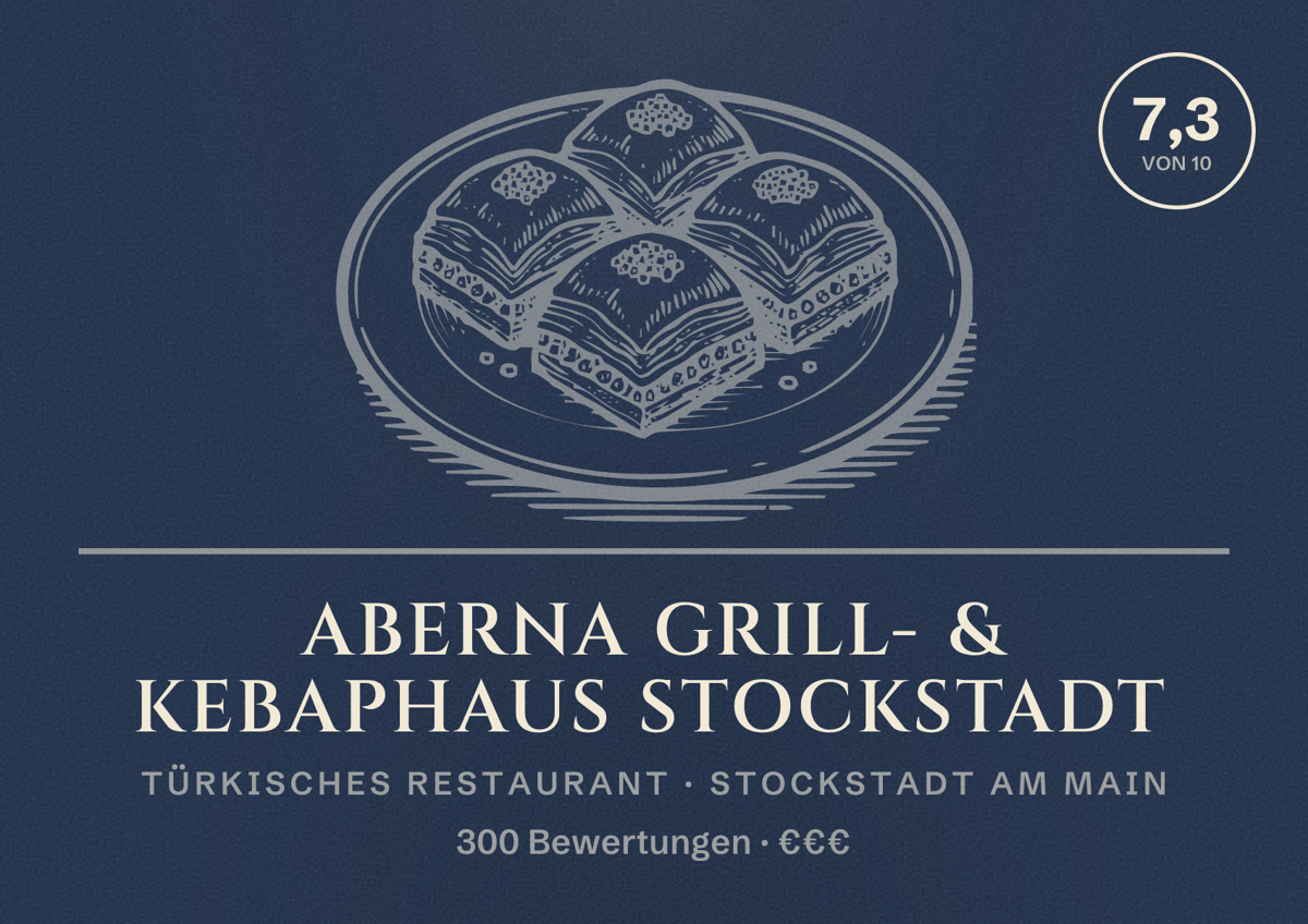Illustriertes Poster von Aberna Grill- & Kebaphaus Stockstadt, Türkisches Restaurant in Stockstadt am Main: Bewertung 7,3 von 10 aus 300 Bewertungen, Preisniveau €€€