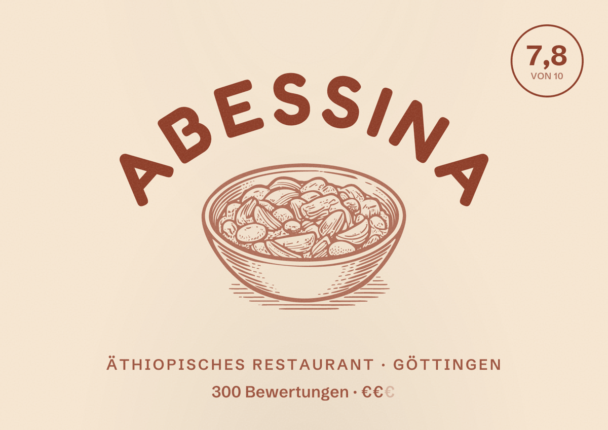 Illustriertes Poster von Abessina, Äthiopisches Restaurant in Göttingen: Bewertung 7,8 von 10 aus 300 Bewertungen, Preisniveau €€