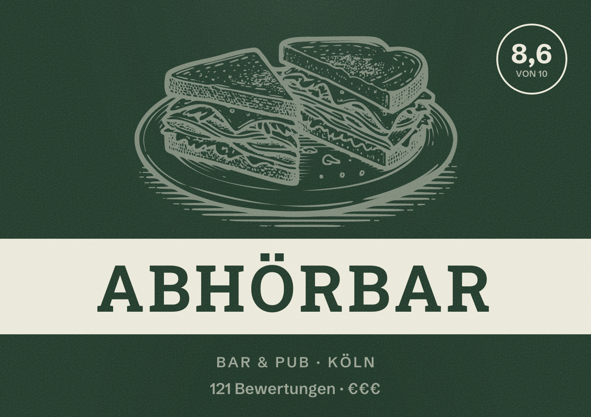 Illustriertes Poster von Abhörbar, Bar & Pub in Köln: Bewertung 8,6 von 10 aus 121 Bewertungen, Preisniveau €€€