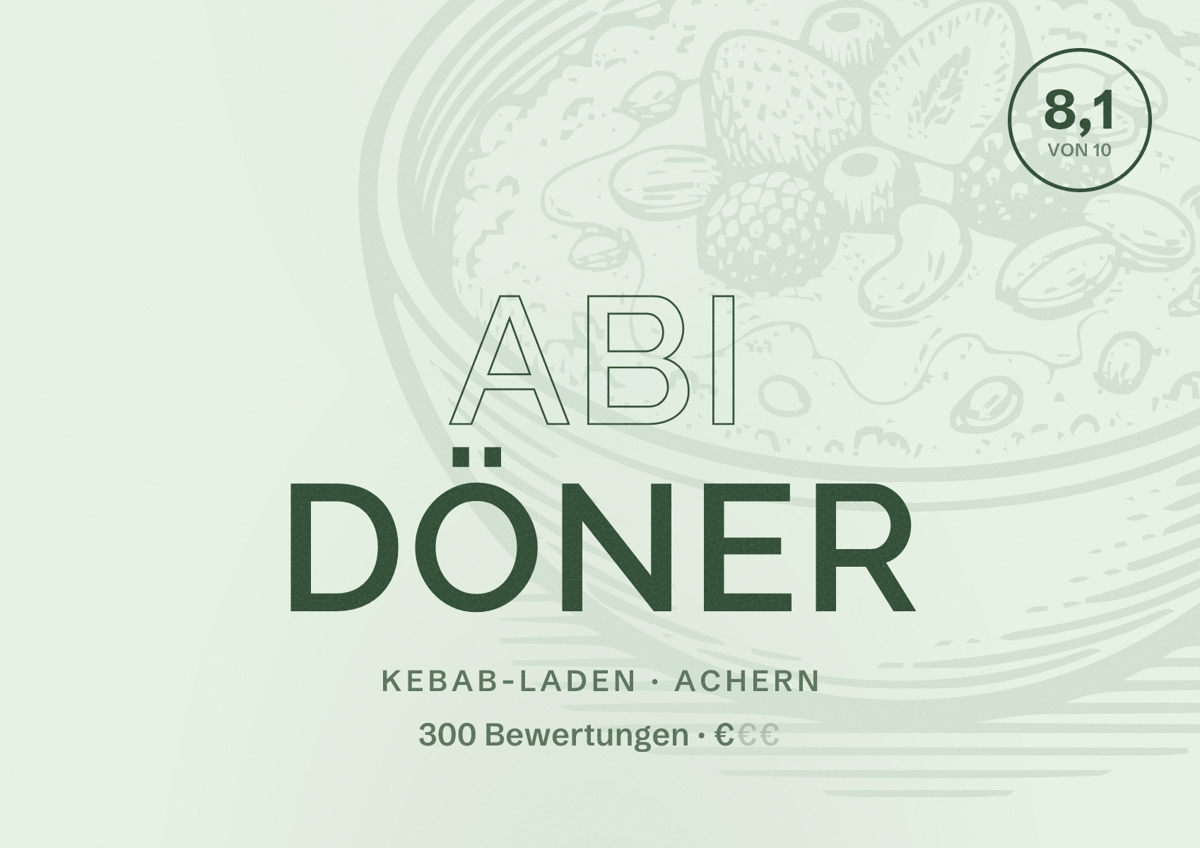 Illustriertes Poster von Abi Döner, Kebab-Laden in Achern: Bewertung 8,1 von 10 aus 300 Bewertungen, Preisniveau €