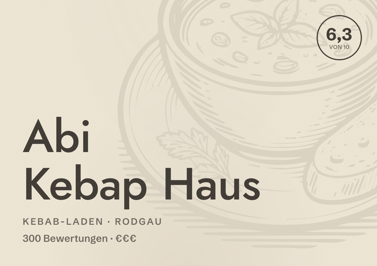 Illustriertes Poster von Abi Kebap Haus, Kebab-Laden in Rodgau: Bewertung 6,3 von 10 aus 300 Bewertungen, Preisniveau €€€