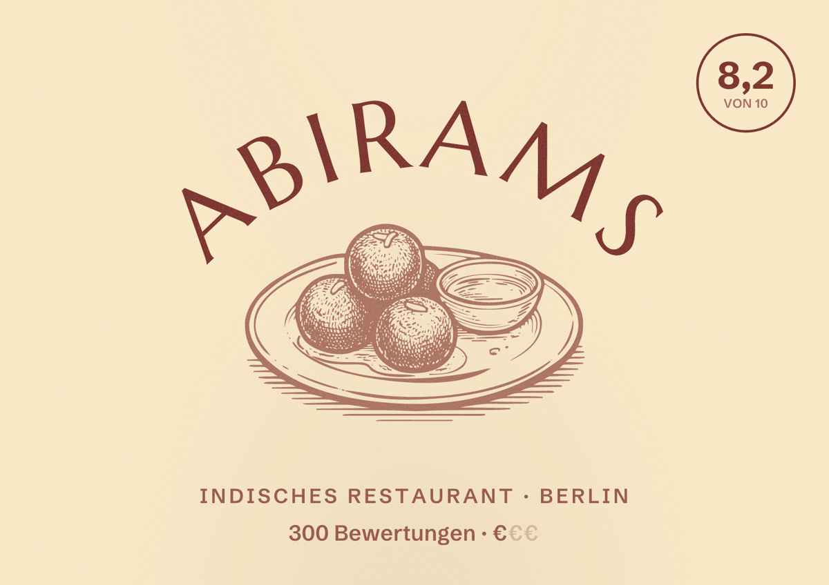Illustriertes Poster von Abirams, Indisches Restaurant in Berlin: Bewertung 8,2 von 10 aus 300 Bewertungen, Preisniveau €