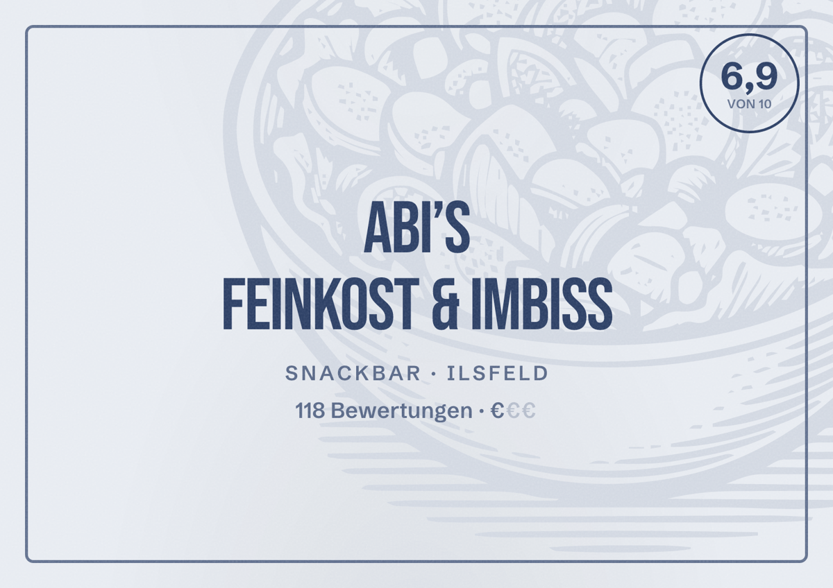 Illustriertes Poster von Abi’s Feinkost & Imbiss, Snackbar in Ilsfeld: Bewertung 6,9 von 10 aus 118 Bewertungen, Preisniveau €