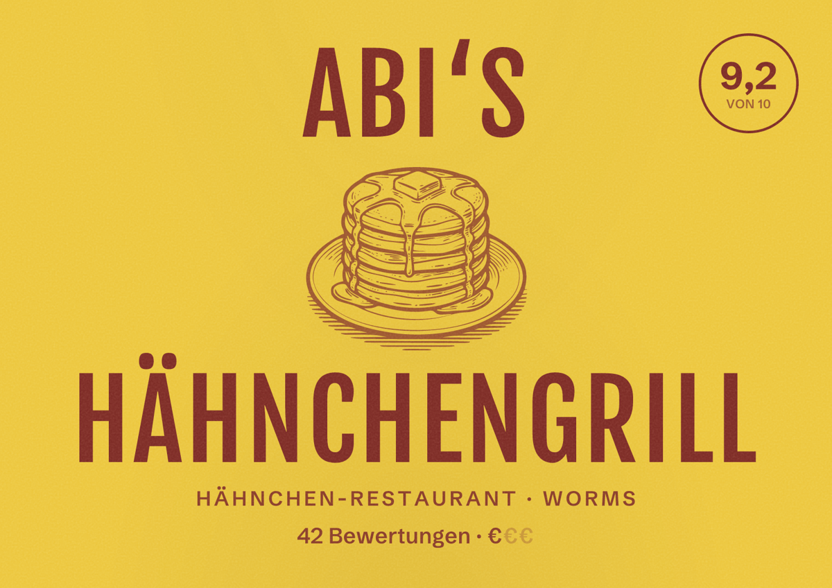 Illustriertes Poster von Abi‘s Hähnchengrill, Hähnchen-Restaurant in Worms: Bewertung 9,2 von 10 aus 42 Bewertungen, Preisniveau €