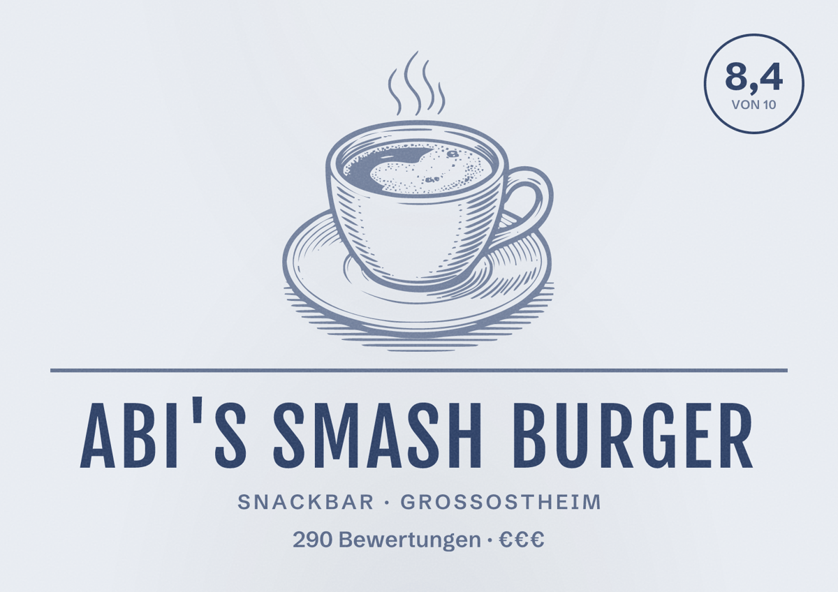 Illustriertes Poster von Abi's Smash Burger, Snackbar in Großostheim: Bewertung 8,4 von 10 aus 290 Bewertungen, Preisniveau €€€