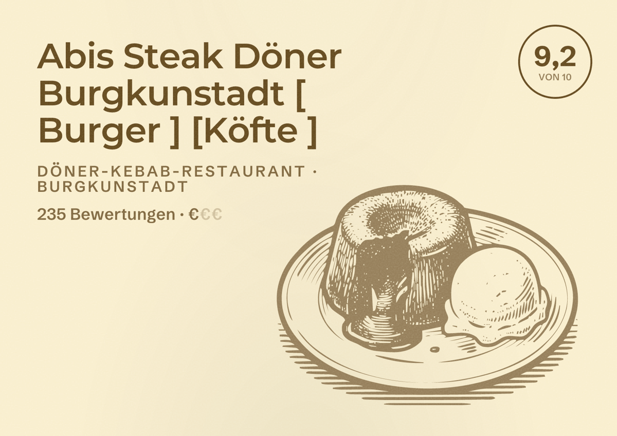 Illustriertes Poster von Abis Steak Döner Burgkunstadt [ Burger ] [Köfte ], Döner-Kebab-Restaurant in Burgkunstadt: Bewertung 9,2 von 10 aus 235 Bewertungen, Preisniveau €