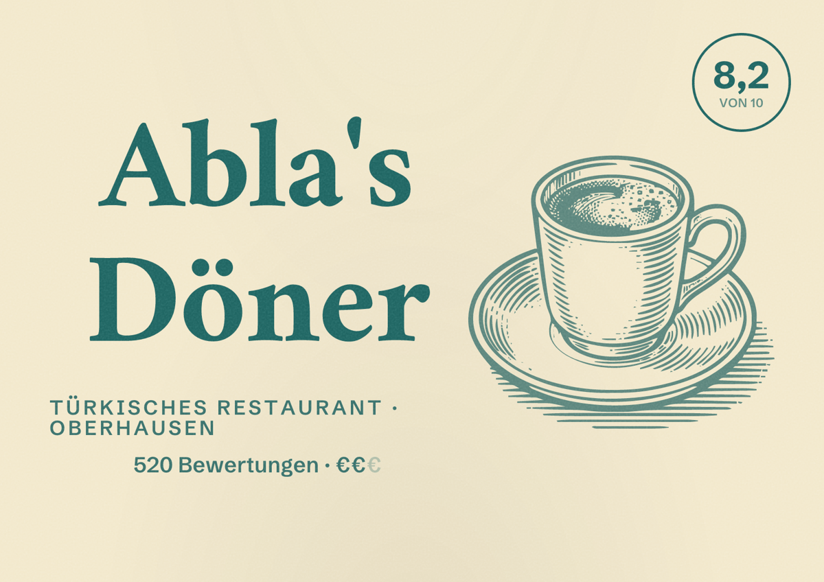 Illustriertes Poster von Abla's Döner, Türkisches Restaurant in Oberhausen: Bewertung 8,2 von 10 aus 520 Bewertungen, Preisniveau €€