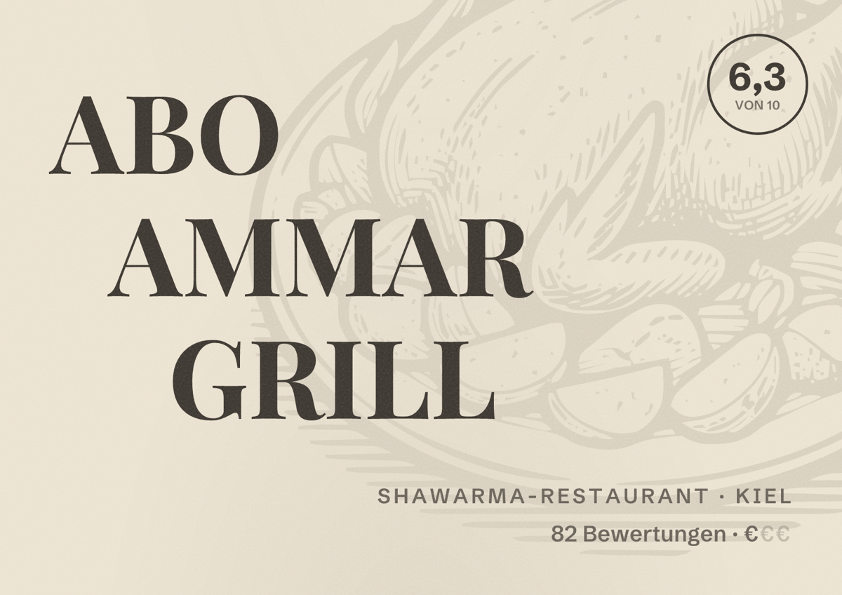 Illustriertes Poster von ABO AMMAR GRILL, Shawarma-Restaurant in Kiel: Bewertung 6,3 von 10 aus 82 Bewertungen, Preisniveau €