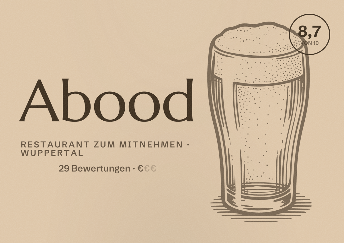 Illustriertes Poster von Abood, Restaurant zum Mitnehmen in Wuppertal: Bewertung 8,7 von 10 aus 29 Bewertungen, Preisniveau €